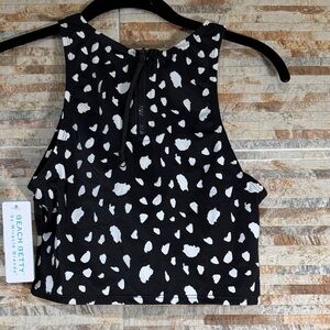 Beach Betty Black & White High-Neck Bikini Top - Spotted Print